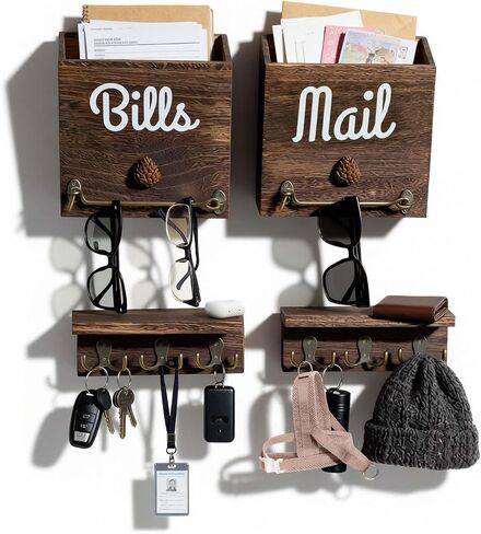 eBun Magnetic Mail Organizer with 12 Key Hooks - 2-Pack Solid Wood Wall Mount for Mail & Bills, Entryway Holder, No-Drill for Renters in Kuwait