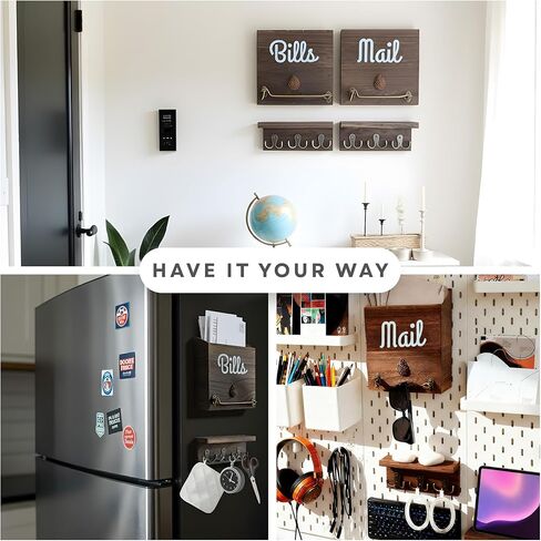 eBun Magnetic Mail Organizer with 12 Key Hooks - 2-Pack Solid Wood Wall Mount for Mail & Bills, Entryway Holder, No-Drill for Renters in Kuwait