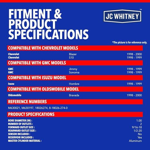 JC Whitney JFBAJCWBMC00065 أسطوانة الفرامل الرئيسية مع الخزان - متوافقة مع شيفروليه بليزر 98-00، S10 98-99، جي إم سي جيمي 98-99، سونوما 98-99، ايسوزو هومبر 98-99 - التجويف: 1 بوصة in Kuwait
