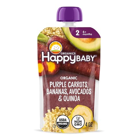 أكياس طعام الأطفال من Happy Baby Organics المرحلة 2، خالية من الغلوتين، وجبة خفيفة نباتية وصحية، هريس الفواكه والخضروات المصنوعة بشكل واضح، الجزر الأرجواني، الموز، الأفوكادو والكينوا، 4 أونصات (عبوة من قطعة واحدة) in Saudi Arabia