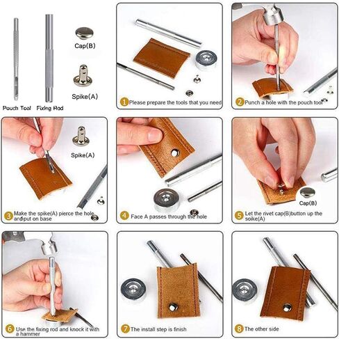 360 Sets Leather Rivets, Double Cap Rivets for Fabric, with Setting Tool Kit for Crafts Repairs/Clothing/Belts Strap in Kuwait
