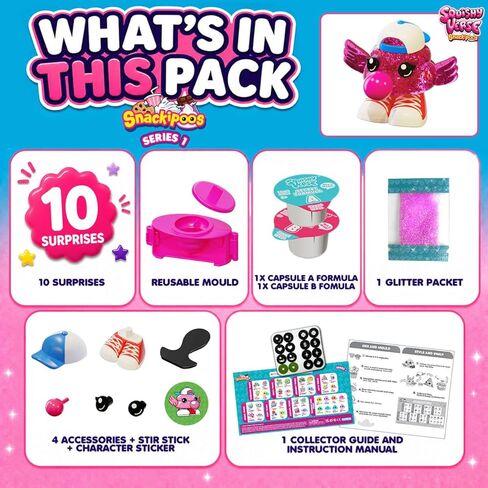Snackipoos 1‑Pack – Collectible Squishy Making Kit for Kids 5 Years and Up, Starter Kit with Reusable Mould, Glitter & 4 Style & Swap Character Accessories in Kuwait
