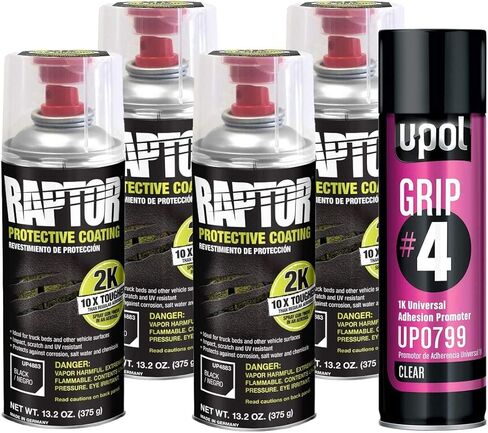 U-POL Raptor 2K Black Spray-On Truck Bedliner Aerosol, 4-Pack | Grip #4 Clear 1K Adhesion Promoter Aerosol for Plastic, Aluminum, Fiberglass and Steel Automotive Surfaces, 450 Milliliters in Kuwait