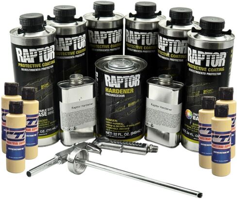 Raptor Truck Bed Liner Kit with Colored Desert Tan Tint and Spray Gun - 6 Liters - Protective Spray On Paint for Coating Trucks, Tailgates, Vehicle Undercoating - Tintable Bedliner Formula in Kuwait