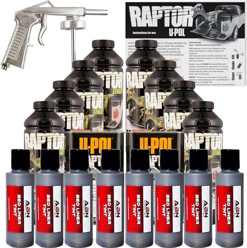 طقم بطانة سرير الشاحنة U-POL Raptor الفحمي المعدني من اليوريثان مع مسدس رش مجاني، 8 لتر in Kuwait