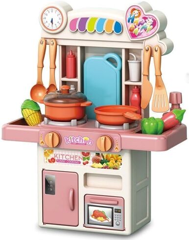 Mini Kitchen Playset for Kids - 33PCS Pretend Play Cooking Set with Water Spray, Light & Sound Effects- Compact Size 17.7 x 13.8 x 10.6 Inches (45 x 35 x 27 cm) Educational Toy for Girls & Boys in Kuwait