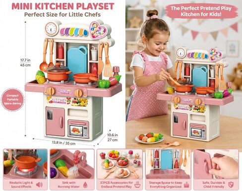 Mini Kitchen Playset for Kids - 33PCS Pretend Play Cooking Set with Water Spray, Light & Sound Effects- Compact Size 17.7 x 13.8 x 10.6 Inches (45 x 35 x 27 cm) Educational Toy for Girls & Boys in Kuwait
