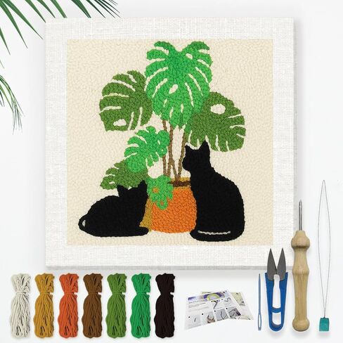 Doodlream Cat Monstera DIY Punch Needle Embroidery Kit for Adult Beginner, 9.4" Black Cat Potted Plant Punch Stitching Craft Set for Starter with Frame, Fabric Pattern, Threader, Yarn, Pinch Needle in Kuwait