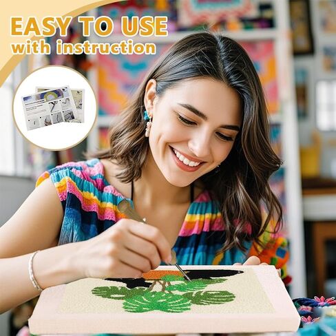 Doodlream Cat Monstera DIY Punch Needle Embroidery Kit for Adult Beginner, 9.4" Black Cat Potted Plant Punch Stitching Craft Set for Starter with Frame, Fabric Pattern, Threader, Yarn, Pinch Needle in Kuwait