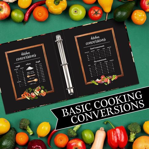 غلاف الوصفات، كتاب وصفات مكون من 3 حلقات مع فواصل وأكمام وصفحات بلاستيكية، تحويلات المطبخ بالداخل، تصميم أسود حديث مع الخضار، هدية للطهاة والطهاة المنزليين in Kuwait