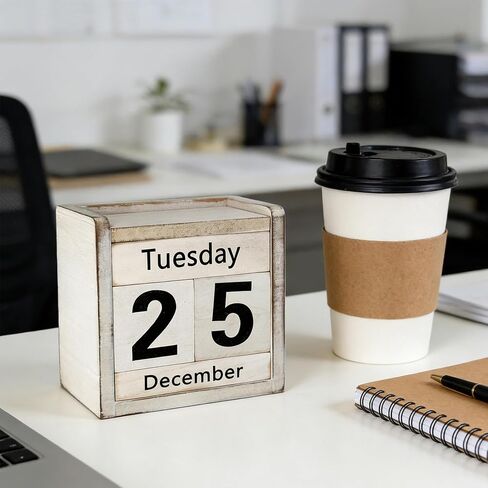 Wooden Perpetual Block Calendar Rustic Retro Desk Calendar for Teachers Students Classroom Office Accessories Farmhouse Entryway Bookshelf Decoration Coffee Table Decor in Kuwait
