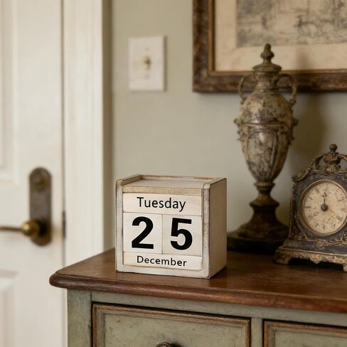 Wooden Perpetual Block Calendar Rustic Retro Desk Calendar for Teachers Students Classroom Office Accessories Farmhouse Entryway Bookshelf Decoration Coffee Table Decor in Kuwait
