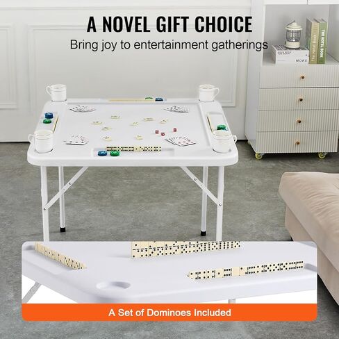 طاولة VEVOR Mahjong، طاولة بطاقات مربعة قابلة للطي لـ 4 لاعبين مع 4 حاملات أكواب و4 صواني شرائح، طاولة ألعاب دومينو محمولة مع مجموعة واحدة من الدومينو لألغاز ماجونغ بوكر، 35.4 × 35.4 بوصة، أبيض in Kuwait