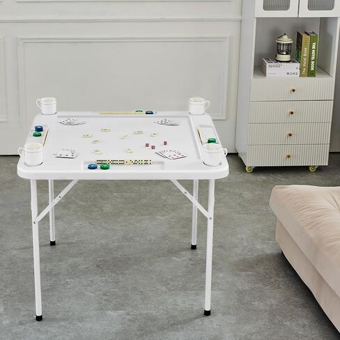 طاولة VEVOR Mahjong، طاولة بطاقات مربعة قابلة للطي لـ 4 لاعبين مع 4 حاملات أكواب و4 صواني شرائح، طاولة ألعاب دومينو محمولة مع مجموعة واحدة من الدومينو لألغاز ماجونغ بوكر، 35.4 × 35.4 بوصة، أبيض in Kuwait
