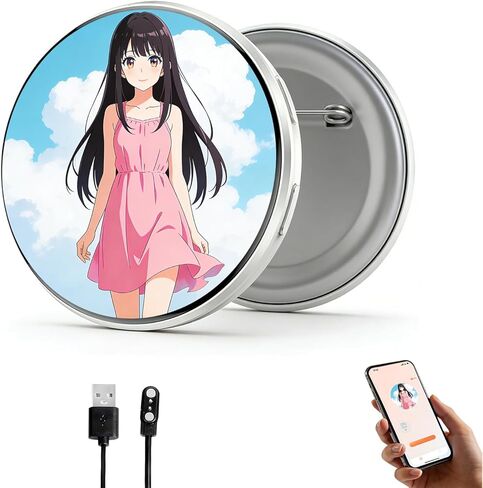 Rechargeable Digital Displayed Pixel Badge Pin, 1.7 Inch Screen Bluetooth-Compatible Magnetic Fastening Digital Badge, Portable Digital Pin for Easy Photo/Video Display, Gift for Concert & Cosplay Fans (White) in Kuwait