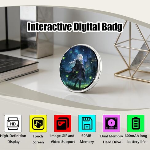 Rechargeable Digital Displayed Pixel Badge Pin, 1.7 Inch Screen Bluetooth-Compatible Magnetic Fastening Digital Badge, Portable Digital Pin for Easy Photo/Video Display, Gift for Concert & Cosplay Fans (White) in Kuwait