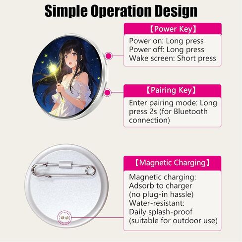 Rechargeable Digital Displayed Pixel Badge Pin, 1.7 Inch Screen Bluetooth-Compatible Magnetic Fastening Digital Badge, Portable Digital Pin for Easy Photo/Video Display, Gift for Concert & Cosplay Fans (White) in Kuwait