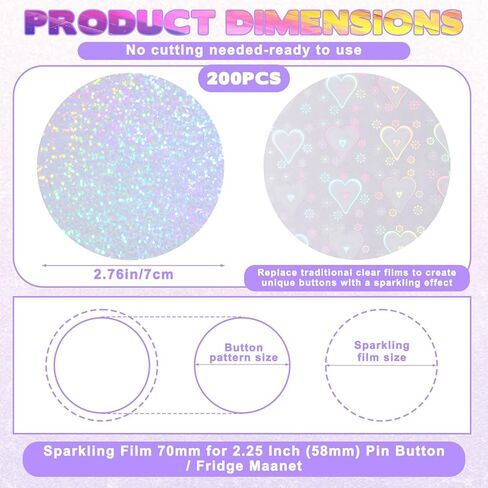 200 Pcs Badge Film, 2.76 In (70 mm) Glitter Holographic Plastic Protective Film for 2.25 In (58 Mm) Round Button Pin Maker, 8 Styles for DIY Button Making Supplies, Crafting Accessories in Kuwait