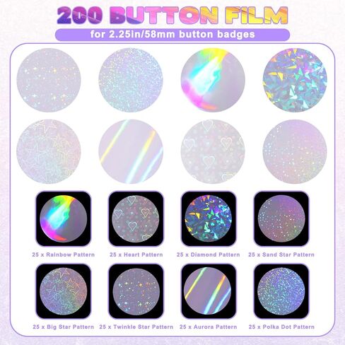 200 Pcs Badge Film, 2.76 In (70 mm) Glitter Holographic Plastic Protective Film for 2.25 In (58 Mm) Round Button Pin Maker, 8 Styles for DIY Button Making Supplies, Crafting Accessories in Kuwait