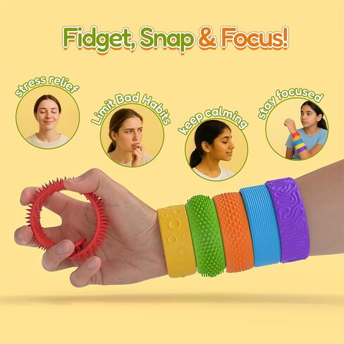 6 Pack Sensory Fidget Toys Slap Bracelets, Textured Silicone Sensory Toys for Kids, Calming Tool for Special Needs, Wearable Anxiety Relief Toys for Adults Office Desk, Travel and Classroom in Kuwait