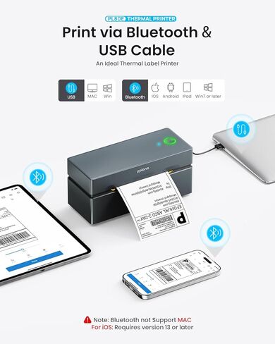 طابعة ملصقات الشحن الحرارية POLONO Bluetooth، طابعة ملصقات الشحن اللاسلكية 4x6 للشركات الصغيرة، تدعم iOS وAndroid وWindows وMac. متوافق مع Amazon، Ebay، Shopify، Etsy، USPS (رمادي) in Kuwait