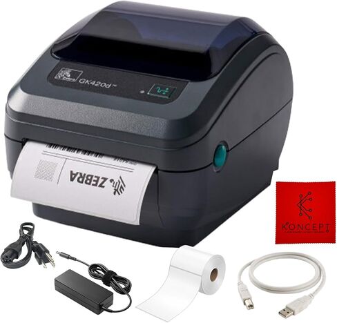 طابعة الرمز الشريطي والملصقات الحرارية المباشرة من Zebra GK420D - اتصال Ethernet/USB - ضمان لمدة سنة واحدة - تتضمن محول 24 فولت، وملصقات 4 × 6، وكابل USB وقطعة قماش للتنظيف من الألياف الدقيقة (متجددة) in Kuwait
