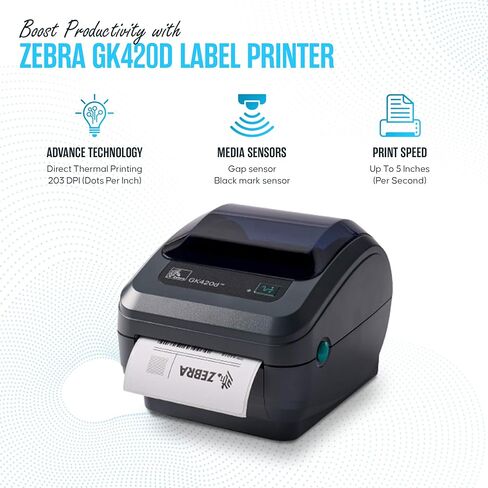 طابعة الرمز الشريطي والملصقات الحرارية المباشرة من Zebra GK420D - اتصال Ethernet/USB - ضمان لمدة سنة واحدة - تتضمن محول 24 فولت، وملصقات 4 × 6، وكابل USB وقطعة قماش للتنظيف من الألياف الدقيقة (متجددة) in Kuwait