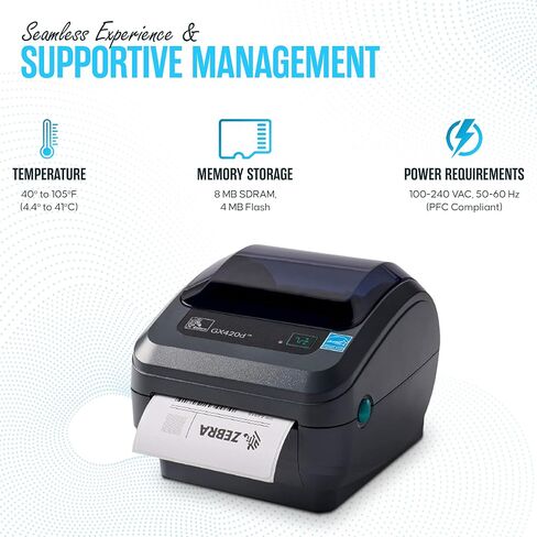 طابعة الرمز الشريطي والملصقات الحرارية المباشرة من Zebra GK420D - اتصال Ethernet/USB - ضمان لمدة سنة واحدة - تتضمن محول 24 فولت، وملصقات 4 × 6، وكابل USB وقطعة قماش للتنظيف من الألياف الدقيقة (متجددة) in Kuwait