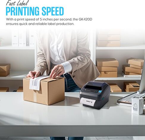 طابعة الرمز الشريطي والملصقات الحرارية المباشرة من Zebra GK420D - اتصال Ethernet/USB - ضمان لمدة سنة واحدة - تتضمن محول 24 فولت، وملصقات 4 × 6، وكابل USB وقطعة قماش للتنظيف من الألياف الدقيقة (متجددة) in Kuwait