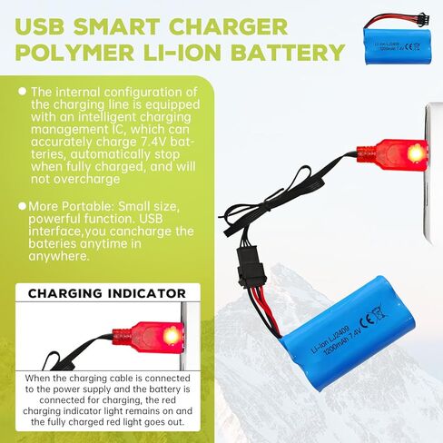 2 قطعة 7.4 فولت 1200 مللي أمبير SM-4P التوصيل بطارية قابلة للشحن مع كابل شحن USB لـ EC08 RC لعبة سيارة نموذج الطرق الوعرة سيارة تسلق الانجراف سباق RC قارب in Kuwait