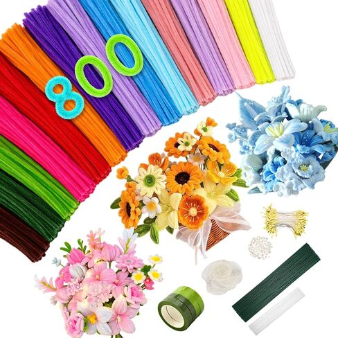 800 PCS Pipe Cleaners Flower Kit, 15 Colors Chenille Stems with Handle & Instruction, DIY Art Craft Supplies for Flower Making, Home Creative Art Projects, Party Decorations in Kuwait
