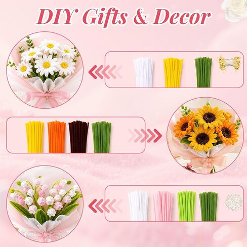 800 PCS Pipe Cleaners Flower Kit, 15 Colors Chenille Stems with Handle & Instruction, DIY Art Craft Supplies for Flower Making, Home Creative Art Projects, Party Decorations in Kuwait