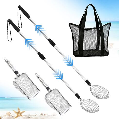 Effortless Shark Tooth Sifter Set - 2 Pcs 22"~33" Adjustable Sand Sifter with 2 Sand Scoops & 1 Seashell Bag for Beach Shell Shark Teeth Collecting, Shelling Scooper Tools Beach Toys for Kids Adults in Kuwait