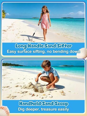 Effortless Shark Tooth Sifter Set - 2 Pcs 22"~33" Adjustable Sand Sifter with 2 Sand Scoops & 1 Seashell Bag for Beach Shell Shark Teeth Collecting, Shelling Scooper Tools Beach Toys for Kids Adults in Kuwait