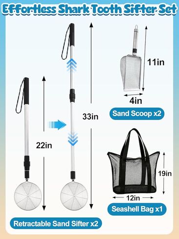 Effortless Shark Tooth Sifter Set - 2 Pcs 22"~33" Adjustable Sand Sifter with 2 Sand Scoops & 1 Seashell Bag for Beach Shell Shark Teeth Collecting, Shelling Scooper Tools Beach Toys for Kids Adults in Kuwait