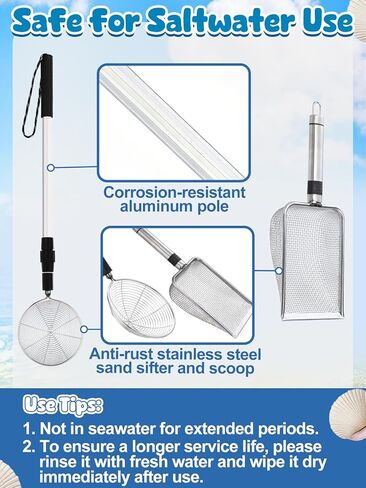 Effortless Shark Tooth Sifter Set - 2 Pcs 22"~33" Adjustable Sand Sifter with 2 Sand Scoops & 1 Seashell Bag for Beach Shell Shark Teeth Collecting, Shelling Scooper Tools Beach Toys for Kids Adults in Kuwait