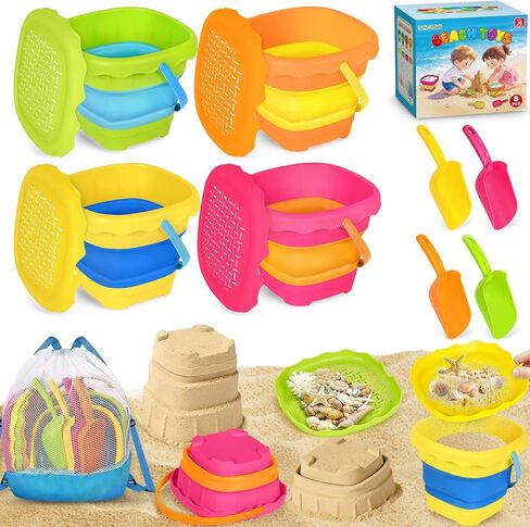 OCHIDO 4 Pack Beach Sand Toys for Kids, Travel Beach Toys with 4 Collapsible Beach Bucket, Sifter, Shovel & Storage Mesh Bag, Summer Outdoor Sandbox Toys for Boys Girls 3 4 5 6 7 8 9 10 Year Old in Kuwait