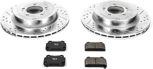 طقم فرامل خلفية PowerStop لسيارة Mitsubishi Lancer 2008-15 - دوارات قرصية مثقوبة ومشقوقة مع استبدال وسادات الفرامل المصنوعة من السيراميك من ألياف الكربون، K4741 in Kuwait