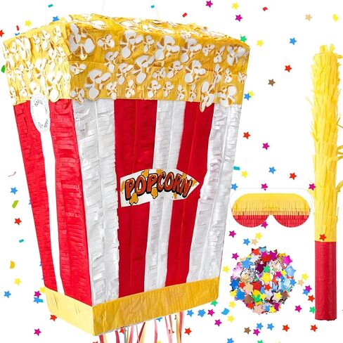 Popcorn Pinata Large Circus Piñata with Stick Hanging Loop Blindfold Star Confetti for Birthday Carnival Circus Party Video Movie Night Holiday Celebration Baby Shower Supplies 15 × 11.8 × 5.9 Inches in Kuwait