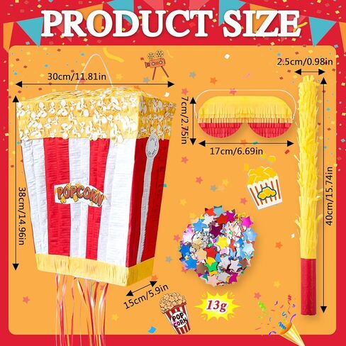 Popcorn Pinata Large Circus Piñata with Stick Hanging Loop Blindfold Star Confetti for Birthday Carnival Circus Party Video Movie Night Holiday Celebration Baby Shower Supplies 15 × 11.8 × 5.9 Inches in Kuwait