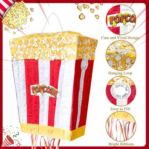 Popcorn Pinata Large Circus Piñata with Stick Hanging Loop Blindfold Star Confetti for Birthday Carnival Circus Party Video Movie Night Holiday Celebration Baby Shower Supplies 15 × 11.8 × 5.9 Inches in Kuwait
