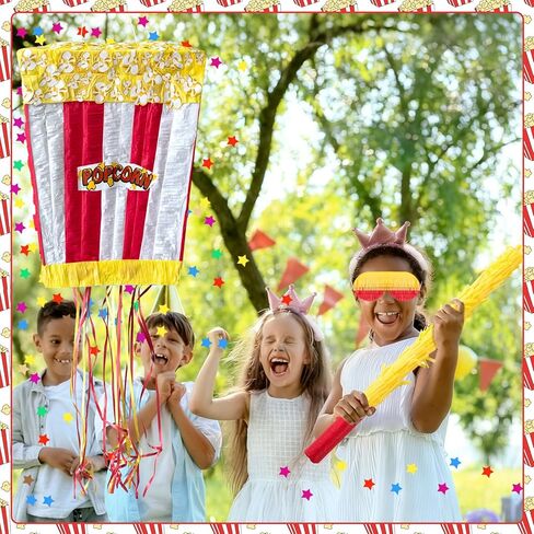 Popcorn Pinata Large Circus Piñata with Stick Hanging Loop Blindfold Star Confetti for Birthday Carnival Circus Party Video Movie Night Holiday Celebration Baby Shower Supplies 15 × 11.8 × 5.9 Inches in Kuwait