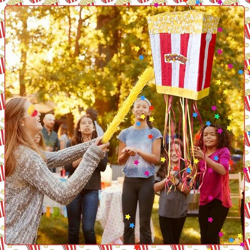 Popcorn Pinata Large Circus Piñata with Stick Hanging Loop Blindfold Star Confetti for Birthday Carnival Circus Party Video Movie Night Holiday Celebration Baby Shower Supplies 15 × 11.8 × 5.9 Inches in Kuwait