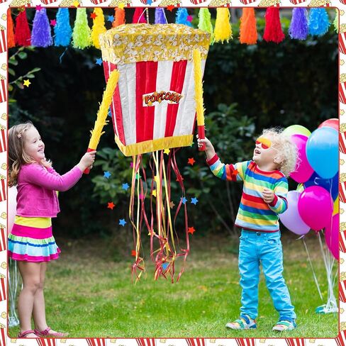 Popcorn Pinata Large Circus Piñata with Stick Hanging Loop Blindfold Star Confetti for Birthday Carnival Circus Party Video Movie Night Holiday Celebration Baby Shower Supplies 15 × 11.8 × 5.9 Inches in Kuwait