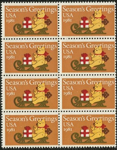 CHRISTMAS CARD STAMPS ~ STICKERS ~ TOY TEDDY BEAR ON SLED #1940 Block of 8 x 20 US Postage Stamps in Kuwait