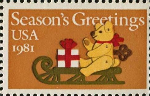 CHRISTMAS CARD STAMPS ~ STICKERS ~ TOY TEDDY BEAR ON SLED #1940 Block of 8 x 20 US Postage Stamps in Kuwait