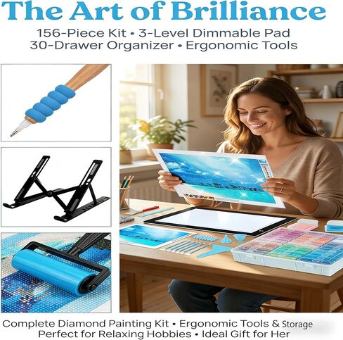 156PCS All Inclusive Diamond Art Accessories Kit with A4 Diamond Painting Light Pad Kit,Diamond Art Trays with Lids& 5D Painting Tools Set for Full Drill & Partial Drill Art in Kuwait