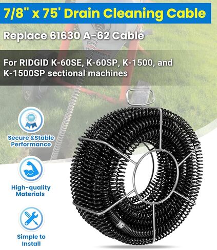 مجموعة كابلات تنظيف الصرف 61630 A-62 7/8 بوصة × 75 بوصة (5 أقسام C-10) مع حامل A-8 - متوافق مع ماكينات RIDGID K-60SE، وK-60SP، وK-1500، وK-1500SP in Kuwait