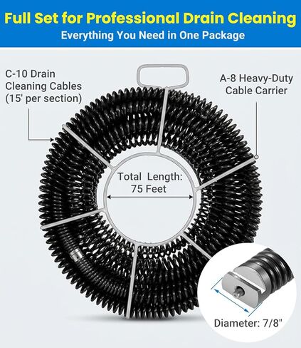 مجموعة كابلات تنظيف الصرف 61630 A-62 7/8 بوصة × 75 بوصة (5 أقسام C-10) مع حامل A-8 - متوافق مع ماكينات RIDGID K-60SE، وK-60SP، وK-1500، وK-1500SP in Kuwait