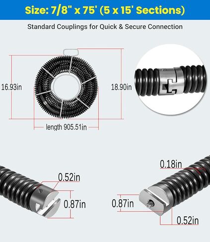 مجموعة كابلات تنظيف الصرف 61630 A-62 7/8 بوصة × 75 بوصة (5 أقسام C-10) مع حامل A-8 - متوافق مع ماكينات RIDGID K-60SE، وK-60SP، وK-1500، وK-1500SP in Kuwait